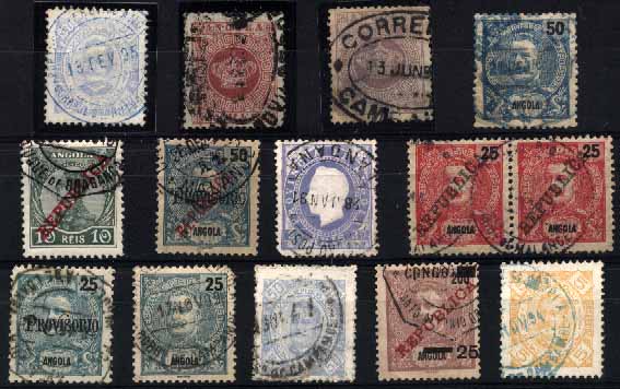 23Lis_1875.jpg -     Lote:    1875            Angola       Descrição:         Angola. Marcofilia diversa. Lote de 14 selos (um par) de diversas emissões, obliterados com carimbos de diversa tipologia de "ST.º ANT.º ZAIRE, NOVO REDONDO, CAMBAMBE, DONDO (azul), DUQUE DE BRAGANÇA, MALANJE (R), LANDANA, MALANGE, AMBULÂNCIA DE LOANDA, CAMBAMBE (2) SANTO ANTÓNIO DO ZAIRE e CAMBAMBE (azul)".        Lote       Valor Base:     &euro; 8,00     Valor Venda:     &euro; 20,00     
