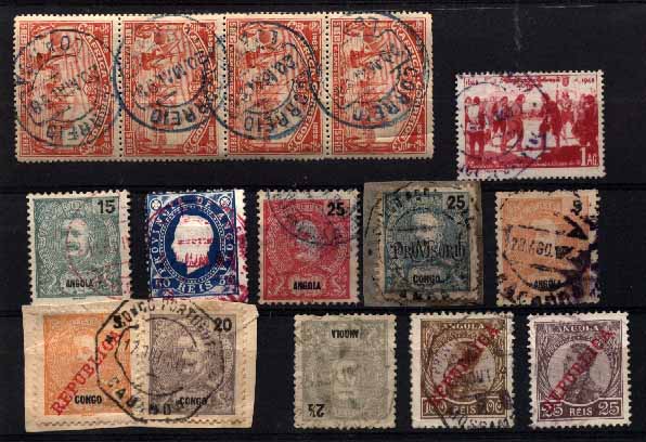 23Lis_1876.jpg -     Lote:    1876            Angola       Descrição:         Angola. Marcofilia diversa. Lote de 15 selos (tira de 4 e fragmento com dois selos), obliterados com carimbos de diversa tipologia de "LOANDA, DUQUE DE BRAGANÇA (violeta), AMBRIZ (2 a vermelho), AMBª Lª AMBACA II, LANDANA, CACONDA (violeta), CABINDA, MOSSAMEDES, etc".        Lote       Valor Base:     &euro; 5,00     Valor Venda:     &euro; 5,00     
