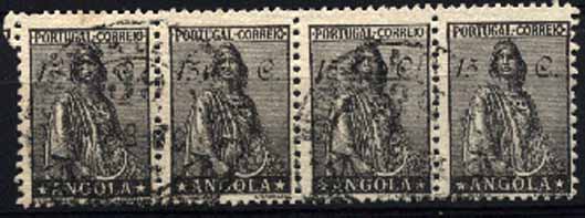 23Lis_1877.jpg -     Lote:    1877            Angola       Descrição:         Carimbos volantes numéricos. Tira horizontal de 4 selos de 15c, preto, tipo Ceres filigranado CE231, obliterados com carimbo numérico "39 &mdash; Porto Amboim".        O       Valor Base:     &euro; 10,00     Valor Venda:     &euro; 10,00     