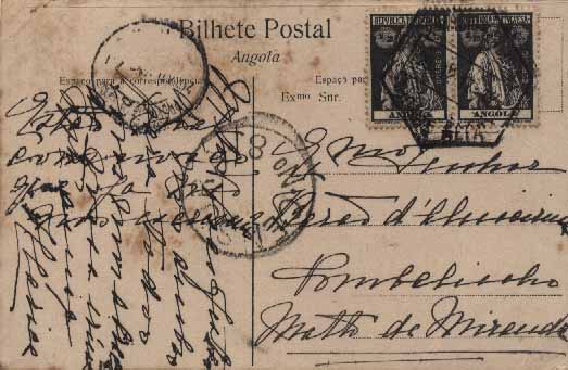 23Lis_1880.jpg -     Lote:    1880            Angola       Descrição:         Carimbos hexagonais. Postal ilustrado circulado de Luanda * Cidade Alta (20.12.17) para Mato de Miranda (Pombalinho), censurado, com par de selos de &frac12; c. Ceres, preto, denteado 15x14, papel liso. Carimbo hexagonal de "CIDADE ALTA". R.        PI       Valor Base:     &euro; 15,00     Valor Venda:     &euro; 22,00     