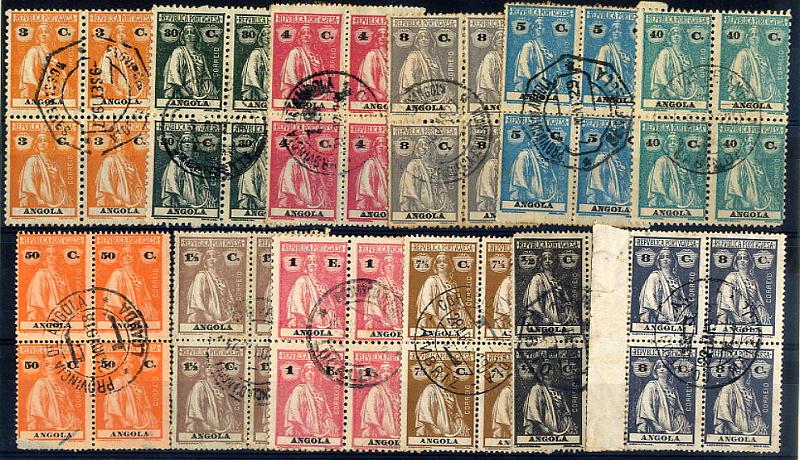23Lis_1881.jpg -     Lote:    1881            Angola       Descrição:         Marcofilia diversa. Lote de 12 quadras com selos tipo Ceres com marcofilia diversa de Angola: Mossamedes, Ambrizette, numérico 18, Benguela-Ambulância, Benguella, Cabinda, Loanda-Registo, Huambo, Lucalla, Ambriz-Encomendas, Lobito-Registo e Malanje-Encomendas.        Lote       Valor Base:     &euro; 10,00     Valor Venda:     &euro; 22,00     