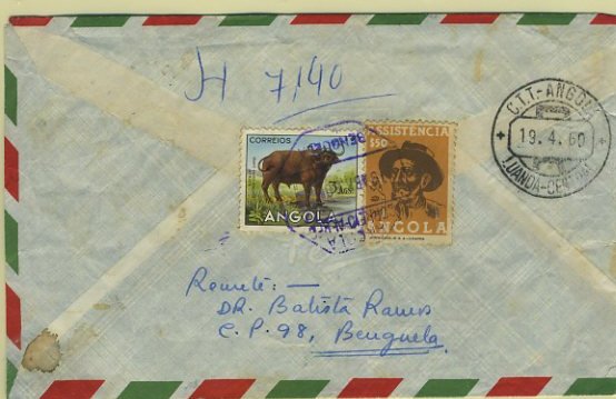23Lis_1882.jpg -     Lote:    1882            Angola       Descrição:         Carimbos octogonais. Sobrescrito circulado registado de Benguela (16.04.60) para Luanda, com selo de 3 Ags Animais de Angola CE366 + selo de Assistência CE IP7. Carimbo batido a violeta "ANGOLA / CORREIO AÉREO / BENGUELA". Raro nesta cor.        Carta       Valor Base:     &euro; 10,00     Valor Venda:     &euro; 10,00     