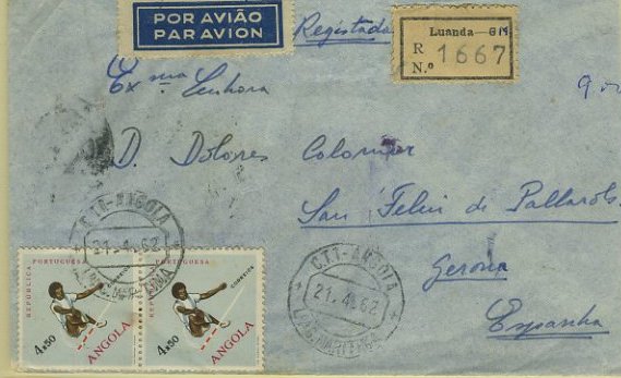 23Lis_1887.jpg -     Lote:    1887            Angola       Descrição:         Carimbos circulares datados. 1962 &mdash; Modalidades desportivas. CE432, 4$50 (par) em sobrescrito circulado de Luanda (21.04.62) para Espanha. Carimbo batido a preto de LDA G. MARÍTIMA + etiqueta de registo de Luanda &mdash; GM. B e R.        Carta       Valor Base:     &euro; 10,00     Valor Venda:     Retirado     