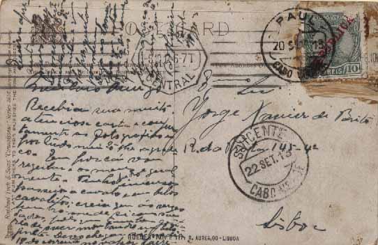 23Lis_1892.jpg -     Lote:    1892            Cabo Verde       Descrição:         Carimbos circulares datados. Postal ilustrado circulado de Paul (20.09.13) para Lisboa (08.10.13) com trânsito por S. Vicente (22.09.13), com selo de 10 reis verde, D. Manuel II com sobrecarga REPUBLICA, CE103, obliterado com carimbo batido a preto "PAUL / CABO VERDE".        PI       Valor Base:     &euro; 10,00     Valor Venda:     Retirado     