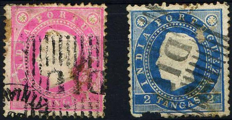 23Lis_1893.jpg -     Lote:    1893            Índia       Descrição:         Carimbos nominativos. 1886 &mdash; D. Luís I. Lote de 2 selos de 1T rosa vivo e 2T azul, CE135/136, obliterados com carimbos nominativos de DIU. Selos com pequenos defeitos.        O       Valor Base:     &euro; 8,00     Valor Venda:     Retirado     