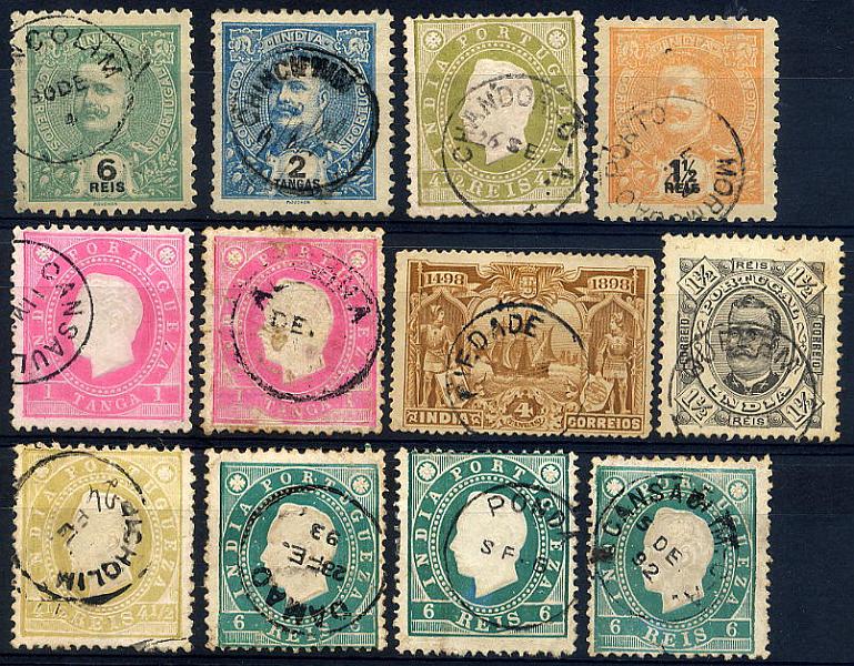 23Lis_1894.jpg -     Lote:    1894            Índia       Descrição:         Carimbos circulares tipo pequeno. Lote de 12 selos de diversas emissões obliterados com carimbos de CUNCOLIM, CHINCHINIM, CHANDOR C.A., MORMUGÃO PORTO, CANSAULIM, ALDONA, PIEDADE, QUEPEM, BICHOLIM, DAMÃO, PONDÁ e CANSAULIM C. A.. Lote com selos em muito bom estado e elevada raridade.        Lote       Valor Base:     &euro; 50,00     Valor Venda:     &euro; 55,00     