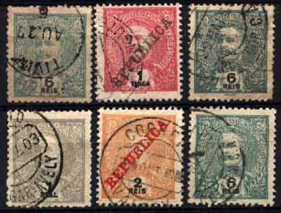 23Lis_1895.jpg -     Lote:    1895            Índia       Descrição:         Marcofilia diversa. Lote de 6 selos tipo D. Carlos I Mouchon, diversas taxas e emissões, obliterados com carimbos circulares datados de: TIVIM, CALANGUTE, CHANDOR C.A., NAGAR AVELLY, VALPOY e COLLEM C.A.".        O       Valor Base:     &euro; 15,00     Valor Venda:     &euro; 16,00     