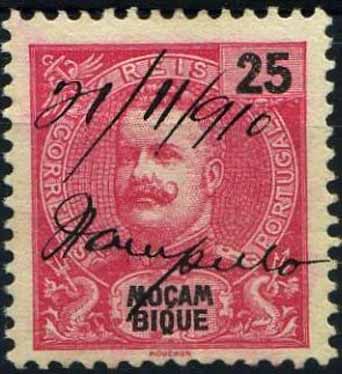 23Lis_1900.jpg -     Lote:    1900            Moçambique       Descrição:         Obliterações manuscritas. Selo de 25 reis carmim, tipo D. Carlos I Mouchon de Moçambique, com obliteração manuscrita de NAMPULA / 21.11.910".        O       Valor Base:     &euro; 10,00     Valor Venda:     &euro; 32,00     