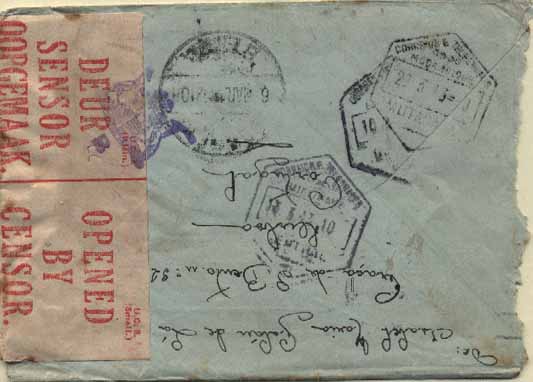 23Lis_1904.jpg -     Lote:    1904            Moçambique       Descrição:         Carimbos hexagonais. Sobrescrito circulado com selo de 50c tipo Lusíadas, de Lisboa (14.12.42) para Mocuba (10.03.42) e reendereçado para Mutarara (22.03.43) com trânsito pela Beira (06.03.43) e Quelimane (13.03.43), censurada na África do Sul. Carimbos batidos a preto no verso "BEIRA, QUELIMANE, MOCUBA e MUTARA".        Carta       Valor Base:     &euro; 10,00     Valor Venda:     Retirado     