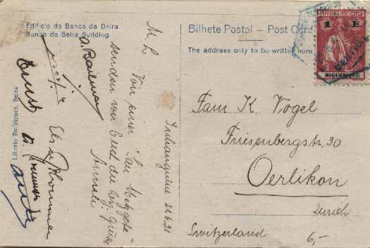 23Lis_1905.jpg -     Lote:    1905            Moçambique       Descrição:         Carimbos hexagonais. 1922 &mdash; Ceres. CE245, 1$00 carmim rosa em denteado 12x11 &frac12;, circulado de Inhambane (25.06.31) para a Suíça. Carimbo de Inhambane batido a azul.        PI       Valor Base:     &euro; 6,00     Valor Venda:     Retirado     
