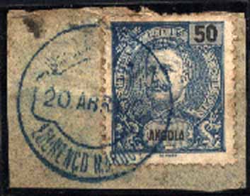 23Lis_1907.jpg -     Lote:    1907            Moçambique       Descrição:         1898/1901 &mdash; D. Carlos I tipo Mouchon. CE44, 50 reis azul, em fragmento obliterados com carimbo de Lourenço Marques.        FRG       Valor Base:     &euro; 5,00     Valor Venda:     Retirado     