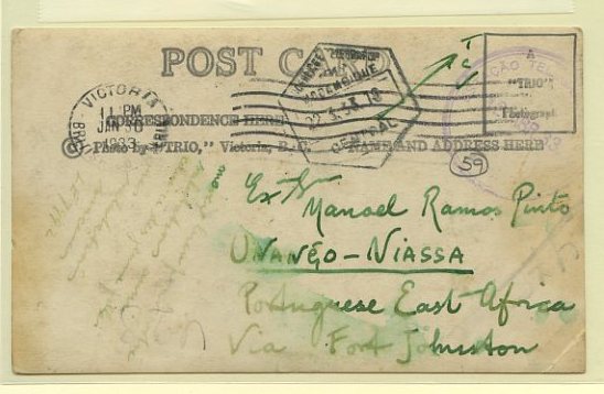 23Lis_1916.jpg -     Lote:    1916            Moçambique       Descrição:         Carimbos circulares de borracha. Postal ilustrado circulado de Victoria (30.01.33) para Unanco/Niassa via Fort Johnston, com trânsito por Moçambique (22.03.33). Carimbo batido a violeta de "VILA CABRAL / 12 ABR 33".        PI       Valor Base:     &euro; 10,00     Valor Venda:     &euro; 10,00     