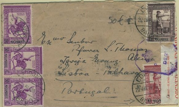 23Lis_1918.jpg -     Lote:    1918            Moçambique       Descrição:         Carimbos circulares datados. Sobrescrito circulado de Bandula (22.06.43) para Lisboa (16.08.43) com trânsito pela Ambulância / Beira (22.06.32) com 3 selos de $50 + selo de $10 + selo de 15c, todos da emissão Império Colonial Português. Censurado pelos ingleses, Carimbo batido a preto "C. T. T. / BANDULA".        Carta       Valor Base:     &euro; 50,00     Valor Venda:     Retirado     