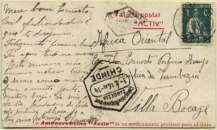 23Lis_1925.jpg -     Lote:    1925            Zambézia       Descrição:         Carimbos hexagonais &mdash; Postal ilustrado com selo de 1 c. verde, tipo Ceres, circulado da Sertã (23.06.16) para Vila Bocage. Carimbo hexagonal do CHINDE batido a preto.        IP       Valor Base:     &euro; 10,00     Valor Venda:     &euro; 10,00     