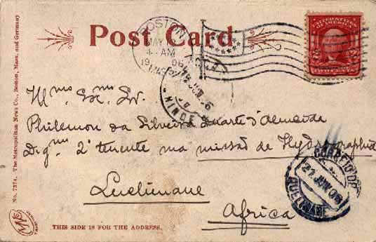 23Lis_1926.jpg -     Lote:    1926            Zambézia       Descrição:         Carimbos circulares datados. Postal ilustrado circulado de Boston (12.05.1906) para Quelimane (21.06.06) com trânsito por Chinde (19.06.06). Marcas de CHINDE batida a preto e de QUELIMANE a azul escuro.        PI       Valor Base:     &euro; 10,00     Valor Venda:     &euro; 10,00     