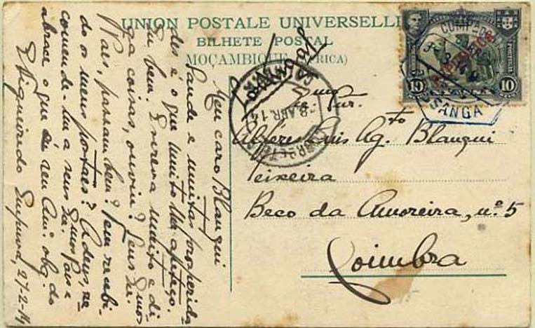 23Lis_1930.jpg -     Lote:    1930            Companhia do Niassa       Descrição:         Carimbos hexagonais. 1911 &mdash; D. Manuel II. Motivos diversos com sobrecarga "REPUBLICA". Postal ilustrado circulado de Quissanga (03.03.14) para Coimbra (08.04.14) com selo de 10 reis verde CE54. Carimbo hexagonal batido a azul escuro de QUISSANGA.        PI       Valor Base:     &euro; 40,00     Valor Venda:     &euro; 48,00     
