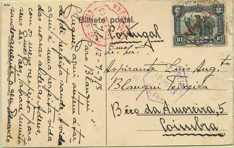 23Lis_1931.jpg -     Lote:    1931            Companhia do Niassa       Descrição:         1911 &mdash; D. Manuel II. Motivos diversos, com sobrecarga REPUBLICA. Postal ilustrado circulado com selo de 10 reis verde CE54, do IBO (13.07.1913) para Coimbra (10.08.1913). Marca de Coimbra batida a vermelho.        PI       Valor Base:     &euro; 10,00     Valor Venda:     Retirado     