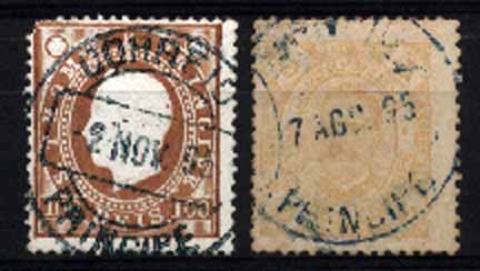 23Lis_1933.jpg -     Lote:    1933            S. Tomé e Príncipe       Descrição:         Carimbos circulares datados. Lote de 2 selos: 100 reis D. Luís I fita direita + 5 reis D. Carlos I tipo Diogo Neto, obliterados com carimbos batidos a preto do "PRÍNCIPE".        O       Valor Base:     &euro; 5,00     Valor Venda:     Retirado     