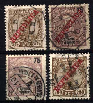 23Lis_1934.jpg -     Lote:    1934            S. Tomé e Príncipe       Descrição:         Marcofilia diversa. Lote de 4 selos: 2 de 100 reis D. Manuel II + 2 de 75 reis D. Carlos I Mouchon, obliterados com carimbos diferentes de Registo e Vales Postais de S. Tomé.        O       Valor Base:     &euro; 10,00     Valor Venda:     Retirado     