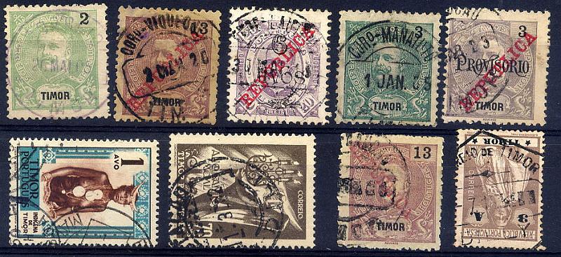 23Lis_1941.jpg -     Lote:    1941            Timor       Descrição:         Marcofilia diversa. Lote de 9 selos de diversas emissões com carimbos de diversos tipos de Timor, Viqueque, Manatuto, Lautem, Baucau (2), Dilly (Hexagonal), Maubisse, Díli. Lote a ver.        O       Valor Base:     &euro; 10,00     Valor Venda:     &euro; 10,00     