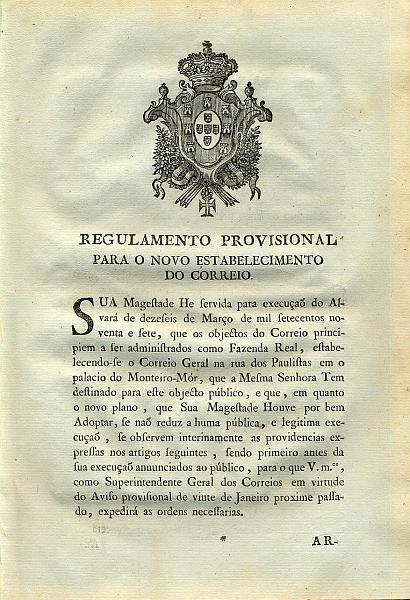 23Lis_1948.jpg -     Lote:    1948                   Descrição:         1799 &mdash; Regulamento Provisional para o Novo Estabelecimento do Correio e Alvará a mandar executar o Regulamento. Cinco folhas. Excelente estado de conservação. Raro.        Livro       Valor Base:     &euro; 50,00     Valor Venda:     &euro; 60,00     