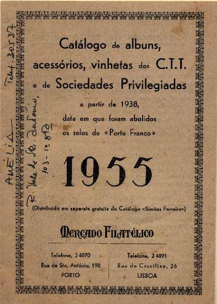 23Lis_2025.jpg -     Lote:    2025                   Descrição:         1955 &mdash; Catálogo de álbuns acessórios, vinhetas dos CTT e de Sociedades Privilegiadas a partir de 1938". Edição de 1955 do Mercado Filatélico.        Livro       Valor Base:     &euro; 5,00     Valor Venda:     &euro; 12,00     