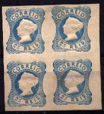 23Lis_2039.jpg -     Lote:    2039            Portugal       Descrição:         Reimpressões de 1885. 1853 &mdash; D. Maria II, 25 reis azul. Quadra com margens largas. Valor de catálogo &euro; 884,00.        R **       Valor Base:     &euro; 300,00     Valor Venda:     &euro; 300,00     