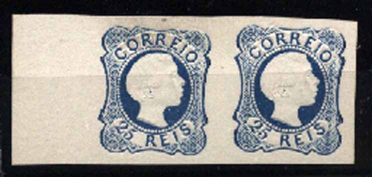 23Lis_2043.jpg -     Lote:    2043            Portugal       Descrição:         1885 &mdash; Reimpressões. D. Pedro V, cabelos lisos. CE6, 25 reis azul. Par horizontal, bordo lateral de folha. Valor de catálogo &euro; 210,00.        R *       Valor Base:     &euro; 40,00     Valor Venda:     Retirado     