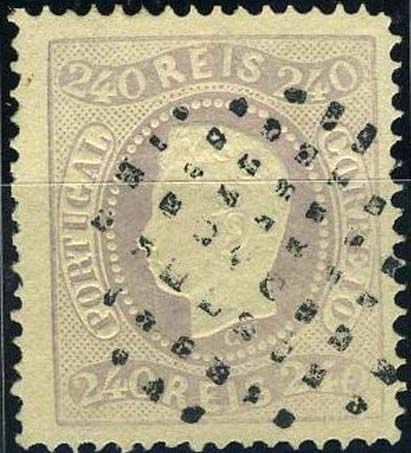 23Lis_2047.jpg -     Lote:    2047            Portugal       Descrição:         Reimpressões de 1905. 1867/1870. D. Luís I, fita curva, denteados. CE35, 240 reis lilás claro, denteado 13 &frac12;, obliterada com carimbo de pontos FALSO. Valor de catálogo &euro; 79,00.        R *       Valor Base:     &euro; 16,00     Valor Venda:     Retirado     