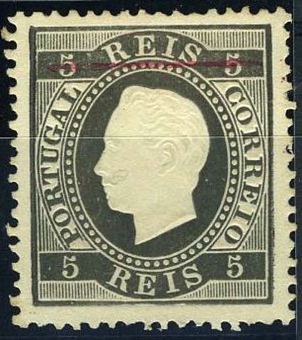 23Lis_2048.jpg -     Lote:    2048            Portugal       Descrição:         Reimpressões de 1885. 1870/76 &mdash; D. Luís I, fita direita. CE36, 5 reis preto, denteado 13 &frac12;, com traço vermelho de 18 mm. Valor de catálogo &euro; 63,00.        R *       Valor Base:     &euro; 12,00     Valor Venda:     Retirado     
