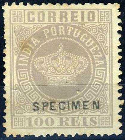 23Lis_2053.jpg -     Lote:    2053            Índia       Descrição:         Reimpressões de 1885. 1877 &mdash; Tipo Coroa. 100 reis lilás claro, com a sobrecarga horizontal a preto "SPECIMEN".        R *       Valor Base:     &euro; 6,00     Valor Venda:     Retirado     