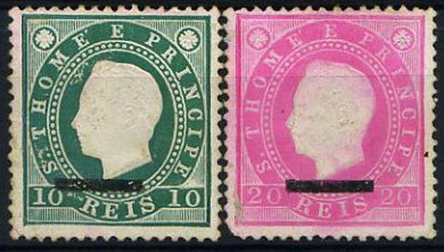 23Lis_2055.jpg -     Lote:    2055            S. Tomé e Príncipe       Descrição:         1887 &mdash; D. Luís I. CE16/17. Lote de dois selos originais de 10 e 20 reis, com traço grosso de 10 mm, distribuídos com as reimpressões de 1905.        *       Valor Base:     &euro; 20,00     Valor Venda:     Retirado     