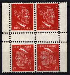23Lis_2076.jpg -     Lote:    2076                   Descrição:         Selos falsos de propaganda anti-germânica "FUTSCHES REICH / IMPÉRIO DESTRUÍDO" emitidos pelos EUA em 1944. Quadra denteada de 12pf vermelho, em papel branco.        ***       Valor Base:     &euro; 75,00     Valor Venda:     Retirado     