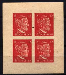 23Lis_2078.jpg -     Lote:    2078                   Descrição:      EUA   &mdash; Selos falsos de propaganda anti-germânica "FUTSCHES REICH / IMPÉRIO DESTRUÍDO" emitidos pelos EUA em 1944. Prova não denteada de 4 selos de 12pf vermelho, em papel amarelado, com goma.        PRV       Valor Base:     &euro; 75,00     Valor Venda:     Retirado     