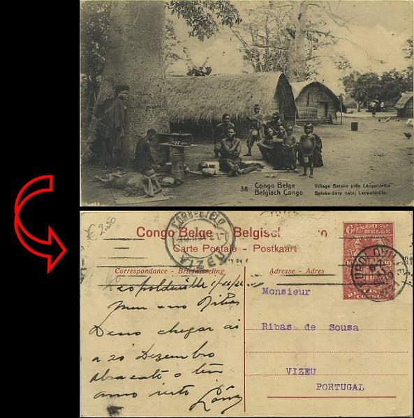 23Lis_2085.jpg -     Lote:    2085                   Descrição:      Congo Belga.   Inteiro postal ilustrado (Village Bateke prés Leopoldville) de 10c circulado de Leopoldville (31.10.1921) para Viseu (30.11.21).        IC       Valor Base:     &euro; 3,00     Valor Venda:     &euro; 12,00     