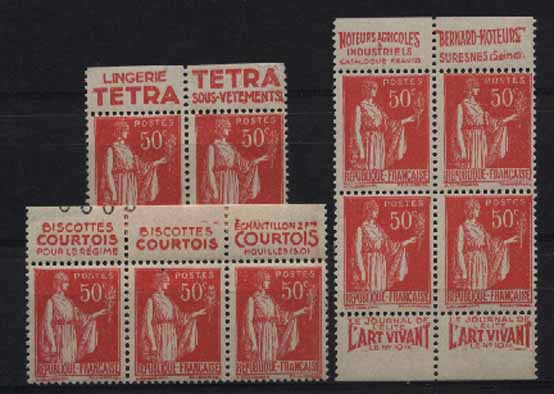 23Lis_2091.jpg -     Lote:    2091                   Descrição:      França.   1932/39 &mdash; Peace with Olive. Scott267. Lote de 9 selos de 50c rosa-carmim (quadra + tira de 3 selos + par), todos com banda publicitária.        ***       Valor Base:     &euro; 12,00     Valor Venda:     &euro; 20,00     