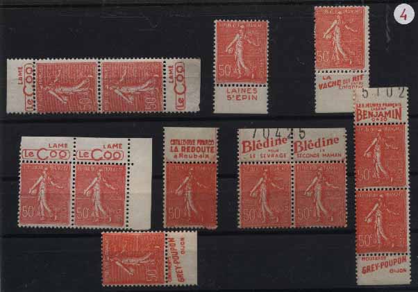 23Lis_2092.jpg -     Lote:    2092                   Descrição:      França.   Lote de 12 selos tipo Semeuse, retirados de carnet (1924-32), de 50 c., todos com banda publicitária. Valor de catálogo: &euro; 73,00        ***       Valor Base:     &euro; 25,00     Valor Venda:     &euro; 25,00     