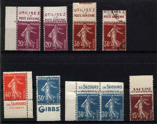 23Lis_2093.jpg -     Lote:    2093                   Descrição:      França.   Lote 9 selos (3 dos quais cantos de folha e só um usado) tipo Semeuse, retirados de carnet (vários valores), todos com banda publicitária.        ***       Valor Base:     &euro; 15,00     Valor Venda:     &euro; 15,00     