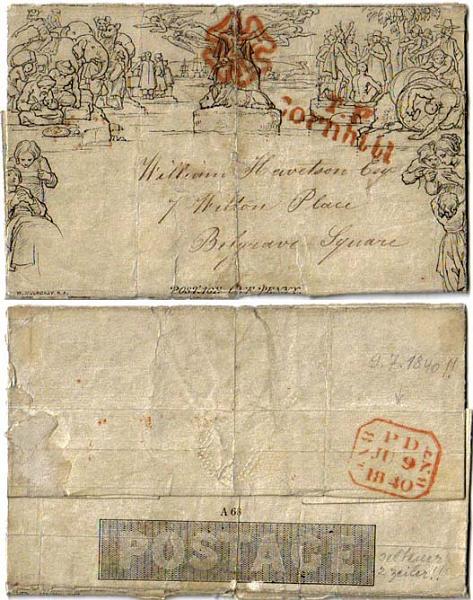 23Lis_2099.jpg -     Lote:    2099                   Descrição:      Inglaterra.   1840 &mdash; Mulready. Inteiro tipo A68, circulado em Londres (09.06.1840), 2.º mês de circulação, obliterado com a marca nominativa a vermelho de Cornhill e "Red Cross", muito bem batidas. Vinco central. Exemplar de grande raridade.        IC       Valor Base:     &euro; 150,00     Valor Venda:     &euro; 200,00     