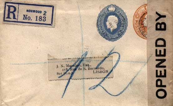 23Lis_2100.jpg -     Lote:    2100                   Descrição:      Inglaterra.   Lote de 4 inteiros postais (sobrescritos) todos registados, circulados entre 1911 e 1924, três deles com selos adicionais, todos dirigidos a J. N. Marsden para Lisboa. Lote a ver.        Lote       Valor Base:     &euro; 50,00     Valor Venda:     Retirado     