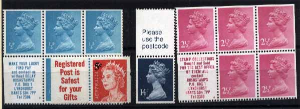 23Lis_2102.jpg -     Lote:    2102                   Descrição:      Reino Unido.   1937 &mdash; Isabel II. Folhas de carnet de &frac12; p. verde azul e 2 &frac12; p. rosa e ainda mais dois selos isolados com bandas publicitárias, todas diferentes.        ***       Valor Base:     &euro; 6,00     Valor Venda:     Retirado     