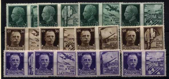 23Lis_2104.jpg -     Lote:    2104                   Descrição:      Itália *   1942 &mdash; Personalidades políticas. Lote de 12 selos (série editada em 1942), sendo 4 de 25c, 4 de 30c e 4 de 50c, todos com tarjas de propaganda política.        **       Valor Base:     &euro; 5,00     Valor Venda:     &euro; 5,00     