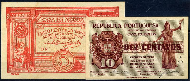 23Lis_2108.jpg -     Lote:    2108                   Descrição:         Casa da Moeda. Lote de duas cédula: uma de 5 centavos, vermelha, Decreto de 05.04.1918 + cédula de 10 centavos, castanho e cinzento, Decreto 15.08.17. Novas.        CDL       Valor Base:     &euro; 10,00     Valor Venda:     &euro; 10,00     