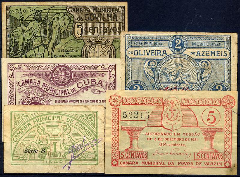 23Lis_2135.jpg -     Lote:    2135                   Descrição:         Lote de 5 cédulas: 5c da Câmara Municipal da Covilhã; 10c Câmara Municipal de Cuba (1919), 1 centavo verde amarelo da Câmara Municipal de Coimbra (1920); 2 centavos da Câmara Municipal de Oliveira de Azeméis, azul; 5 centavos da Câmara Municipal da Póvoa de Varzim (1921). Regulares.        CDL       Valor Base:     &euro; 8,00     Valor Venda:     Retirado     
