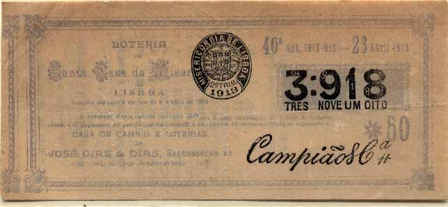 23Lis_2140.jpg -     Lote:    2140                   Descrição:         Lotarias. Misericórdia de Lisboa. 2.º trimestre de 1913. Campião & C.ª. MBC+.        DOC       Valor Base:     &euro; 4,00     Valor Venda:     &euro; 6,00     