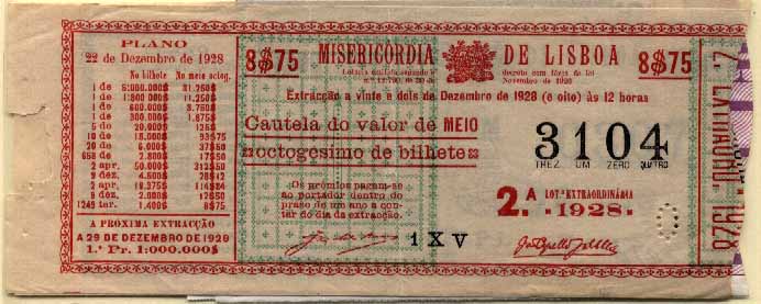 23Lis_2141.jpg -     Lote:    2141                   Descrição:         Lotarias. Misericórdia de Lisboa. Lote de 4 fracções: 1928 * MEIO octogésimo de bilhete; 1929 * UM quadragésimo de bilhete; 1991* comemorativa da "Descoberta do Brasil"; 2003 * Lotaria Nacional.        DOC       Valor Base:     &euro; 5,00     Valor Venda:     &euro; 5,00     