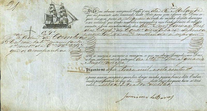 23Lis_2142.jpg -     Lote:    2142                   Descrição:      Portugal.   Conhecimento de embarque, emitido em Lisboa a 08.11.1860, para transporte de mercadorias destinadas ao porto da Figueira, pela Barca Adelayde.        DOC       Valor Base:     &euro; 6,00     Valor Venda:     &euro; 11,00     