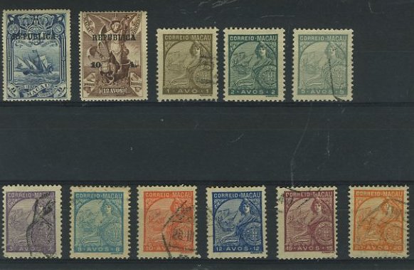 23Lis_2181.jpg -     Lote:    2181                   Descrição:      Macau.   Lote de 11 selos sendo dois da emissão Centenário da Índia, com sobretaxa e sobrecarga República e 9 selos tipo Padrões. Novos e usados.        Lote       Valor Base:     &euro; 5,00     Valor Venda:     &euro; 5,00     