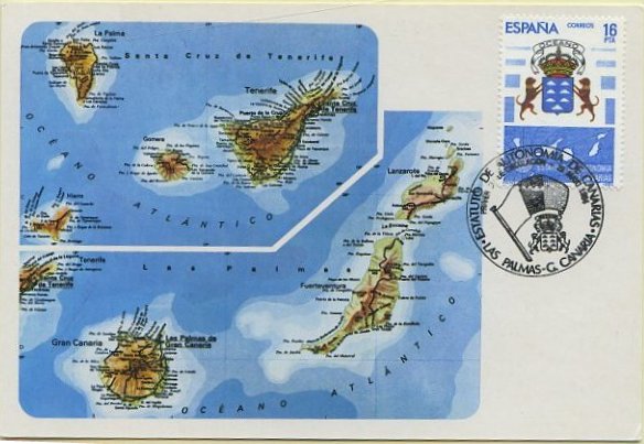 23Lis_2253.jpg -     Lote:    2253      Lotes pelo Correio              Descrição:      Espanha.   Canárias. Postal ilustrado com mapa das Ilhas Canárias, com selo de 19pts comemorativo do Estatuto de Autonomia das Canárias, obliterados com carimbo comemorativo de 1.º dia de circulação de Las Palmas (29.05.1984).        PM       Valor Base:     &euro; 5,00     Valor Venda:     Retirado     