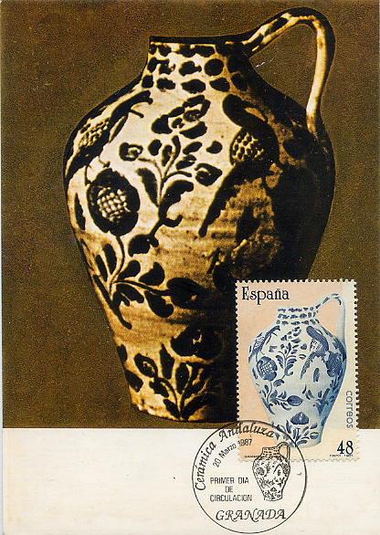 23Lis_2254.jpg -     Lote:    2254      Lotes pelo Correio              Descrição:      Espanha.   Temáticos. Cerâmica espanhola. Lote de 6 postais máximos, cada um com o selo da série concordante e carimbo das regiões da cerâmica representada. MB.        PM       Valor Base:     &euro; 5,00     Valor Venda:     &euro; 5,00     